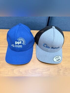 Lot of 2 Workwear Hats PPL Interstate Energy & Mr Rehab Yupoong Mesh Snapback